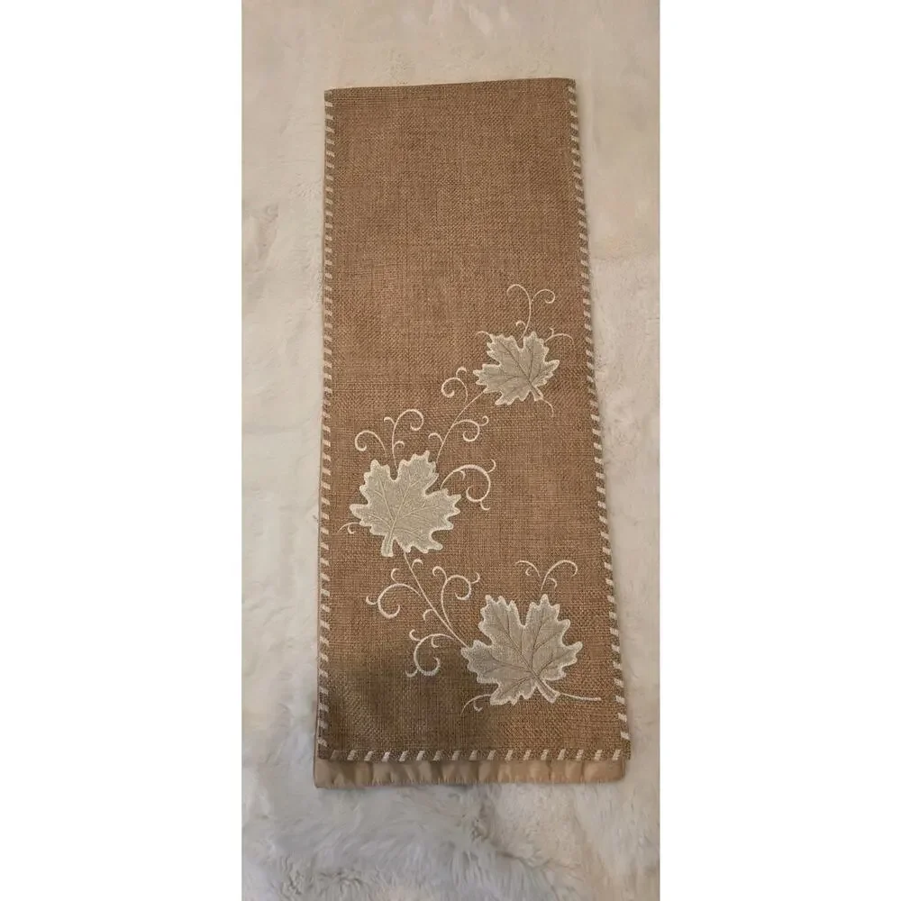 RARE Evermaple Manufacturer Sample Burlap Fall Table Runner 14x72 Embroidered...